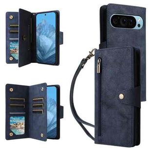 For Google Pixel 9 Rivet Buckle 9 Cards Three Fold Leather Phone Case(Blue)