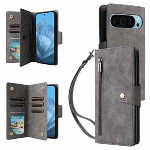 For Google Pixel 10 / 10 Pro Rivet Buckle 9 Cards Three Fold Leather Phone Case(Grey)
