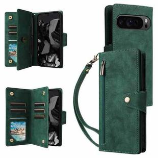 For Google Pixel 10 Pro XL / 9 Pro XL Rivet Buckle 9 Cards Three Fold Leather Phone Case(Green)