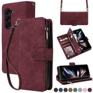 For Samsung Galaxy Z Fold5 5G Crossbody Multi-card Slot Wallet Zipper Leather Phone Case(Wine Red)