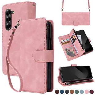 For Samsung Galaxy Z Fold6 5G Crossbody Multi-card Slot Wallet Zipper Leather Phone Case(Pink)