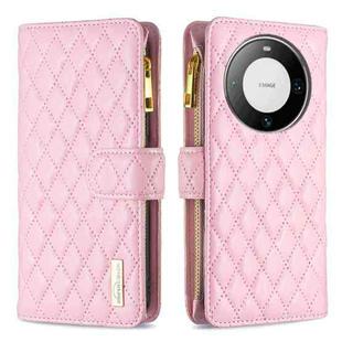For Huawei Mate 60 Pro/Mate 60 Pro+ Diamond Lattice Zipper Wallet Leather Flip Phone Case(Pink)