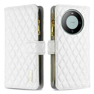 For Huawei Mate 60 Diamond Lattice Zipper Wallet Leather Flip Phone Case(White)