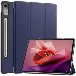 For Lenovo Tab P12/Xiaoxin Pad Pro 12.7 inch Custer Solid Color 3-Fold Stand Leather Tablet Case(Dark Blue)