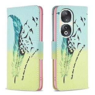 For Honor 90 5G Colored Drawing Pattern Leather Phone Case(Feather)