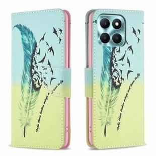 For Honor X6a Colored Drawing Pattern Leather Phone Case(Feather)