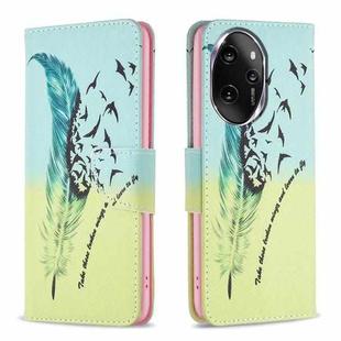 For Honor 100 Pro Colored Drawing Pattern Leather Phone Case(Feather)
