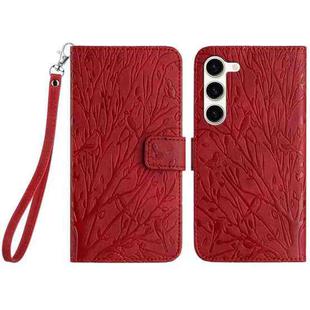 For Samsung Galaxy S23 Tree Birds Embossed Pattern Leather Phone Case(Red)