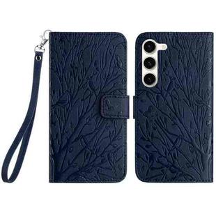 For Samsung Galaxy S23 Tree Birds Embossed Pattern Leather Phone Case(Blue)