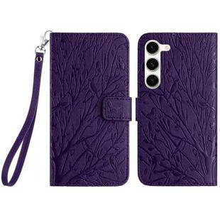 For Samsung Galaxy S23+ Tree Birds Embossed Pattern Leather Phone Case(Purple)