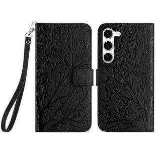 For Samsung Galaxy S23+ Tree Birds Embossed Pattern Leather Phone Case(Black)