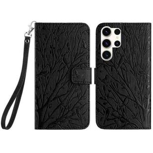 For Samsung Galaxy S23 Ultra Tree Birds Embossed Pattern Leather Phone Case(Black)