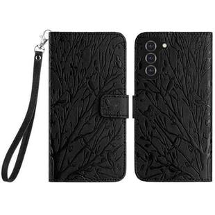 For Samsung Galaxy S22 5G Tree Birds Embossed Pattern Leather Phone Case(Black)