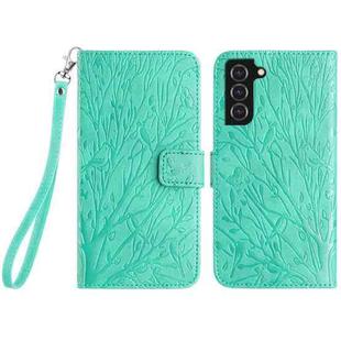 For Samsung Galaxy S22+ 5G Tree Birds Embossed Pattern Leather Phone Case(Green)