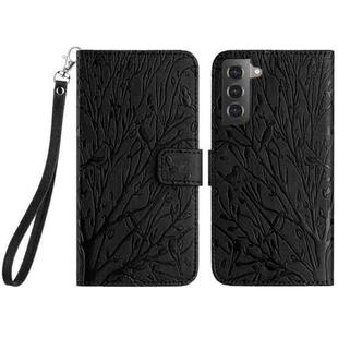For Samsung Galaxy S21 FE 5G Tree Birds Embossed Pattern Leather Phone Case(Black)