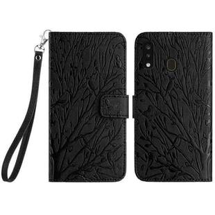 For Samsung Galaxy A20 / A30 Tree Birds Embossed Pattern Leather Phone Case(Black)