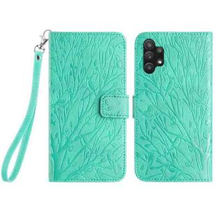 For Samsung Galaxy A32 5G Tree Birds Embossed Pattern Leather Phone Case(Green)