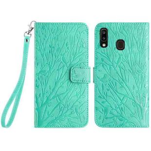 For Samsung Galaxy A40 Tree Birds Embossed Pattern Leather Phone Case(Green)