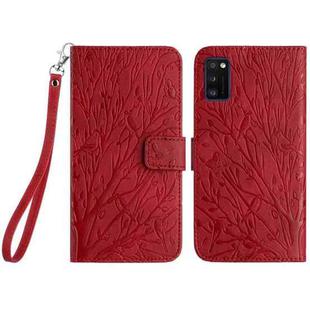 For Samsung Galaxy A41 Tree Birds Embossed Pattern Leather Phone Case(Red)