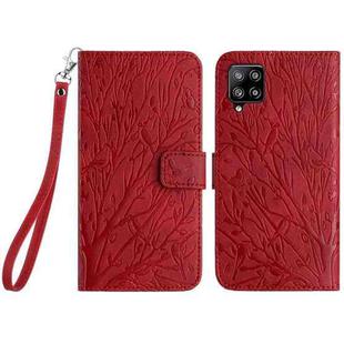 For Samsung Galaxy A42 5G Tree Birds Embossed Pattern Leather Phone Case(Red)