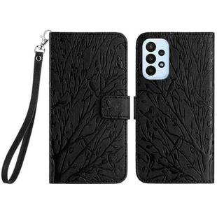 For Samsung Galaxy A52 5G Tree Birds Embossed Pattern Leather Phone Case(Black)