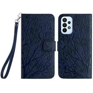For Samsung Galaxy A52 5G Tree Birds Embossed Pattern Leather Phone Case(Blue)