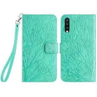 For Samsung Galaxy A70 Tree Birds Embossed Pattern Leather Phone Case(Green)