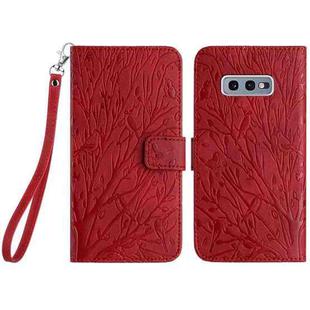 For Samsung Galaxy S10e Tree Birds Embossed Pattern Leather Phone Case(Red)