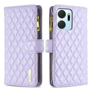 For Honor X7a Diamond Lattice Zipper Wallet Leather Flip Phone Case(Purple)