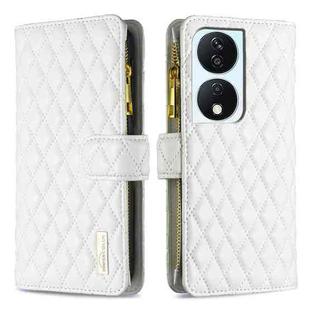 For Honor X7b Diamond Lattice Zipper Wallet Leather Flip Phone Case(White)