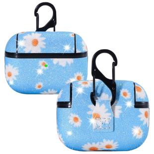 For AirPods Pro PC + PU Glitter Daisy Pattern Earphone Protective Case with Hook(Blue)
