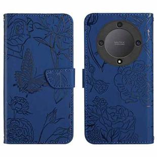 For Honor X9b HT03 Skin Feel Butterfly Embossed Flip Leather Phone Case(Blue)