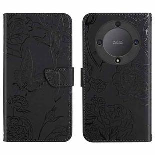 For Honor X9b HT03 Skin Feel Butterfly Embossed Flip Leather Phone Case(Black)