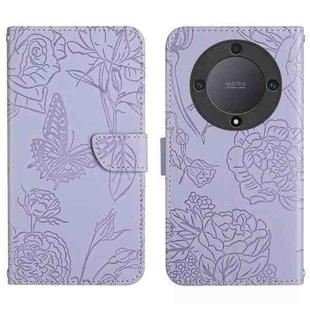 For Honor X9b HT03 Skin Feel Butterfly Embossed Flip Leather Phone Case(Purple)