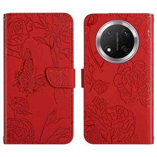 For Honor X9c HT03 Skin Feel Butterfly Embossed Flip Leather Phone Case(Red)