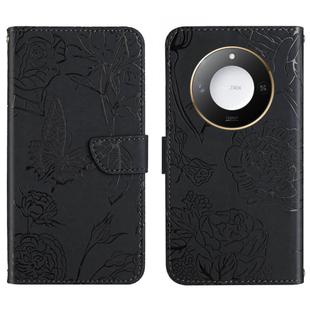 For Honor X9c Smart HT03 Skin Feel Butterfly Embossed Flip Leather Phone Case(Black)