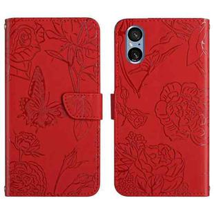 For Sony Xperia 5 V HT03 Skin Feel Butterfly Embossed Flip Leather Phone Case(Red)