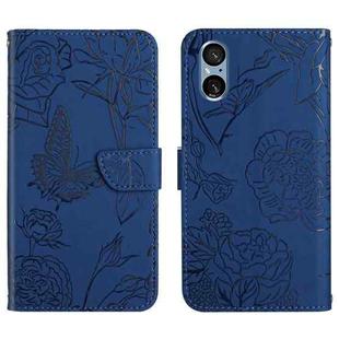 For Sony Xperia 5 V HT03 Skin Feel Butterfly Embossed Flip Leather Phone Case(Blue)