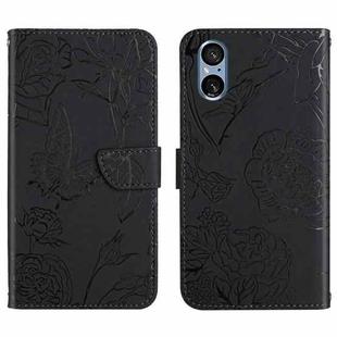 For Sony Xperia 5 V HT03 Skin Feel Butterfly Embossed Flip Leather Phone Case(Black)