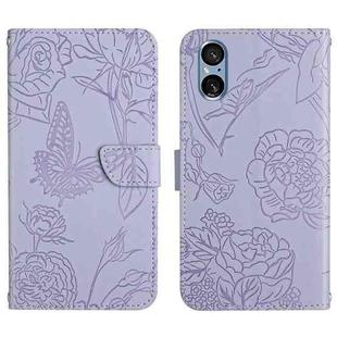 For Sony Xperia 5 V HT03 Skin Feel Butterfly Embossed Flip Leather Phone Case(Purple)