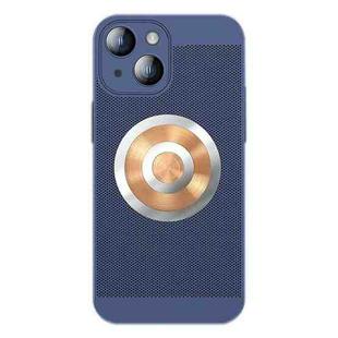 For iPhone 14 Plus Honeycomb Hole Copper Cooling Phone Case with Lens Film(Blue)
