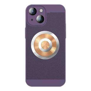 For iPhone 14 Plus Honeycomb Hole Copper Cooling Phone Case with Lens Film(Purple)