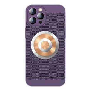 For iPhone 14 Pro Honeycomb Hole Copper Cooling Phone Case with Lens Film(Purple)