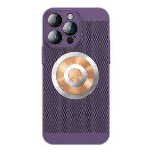 For iPhone 14 Pro Max Honeycomb Hole Copper Cooling Phone Case with Lens Film(Blue)