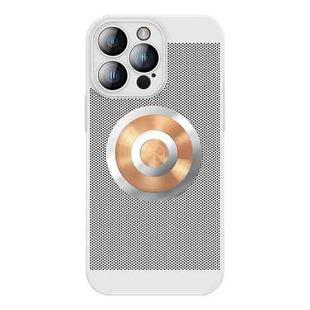 For iPhone 14 Pro Max Honeycomb Hole Copper Cooling Phone Case with Lens Film(Silver)