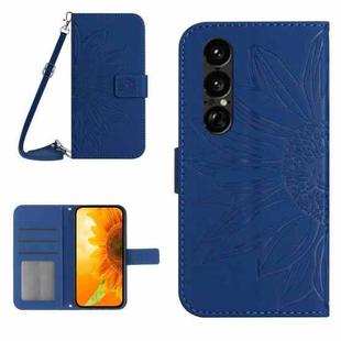 For Sony Xperia 1 VII Skin Feel Sun Flower Embossed Flip Leather Phone Case with Lanyard(Dark Blue)