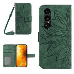 For Sony Xperia 1 VII Skin Feel Sun Flower Embossed Flip Leather Phone Case with Lanyard(Green)