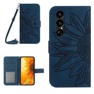 For Sony Xperia 1 VII Skin Feel Sun Flower Embossed Flip Leather Phone Case with Lanyard(Inky Blue)