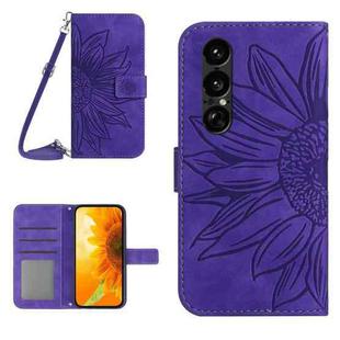 For Sony Xperia 1 VII Skin Feel Sun Flower Embossed Flip Leather Phone Case with Lanyard(Dark Purple)