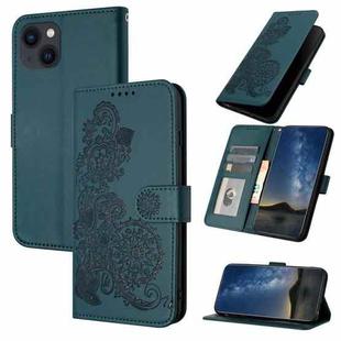 For iPhone 13 mini Datura Flower Embossed Flip Leather Phone Case(Dark Green)
